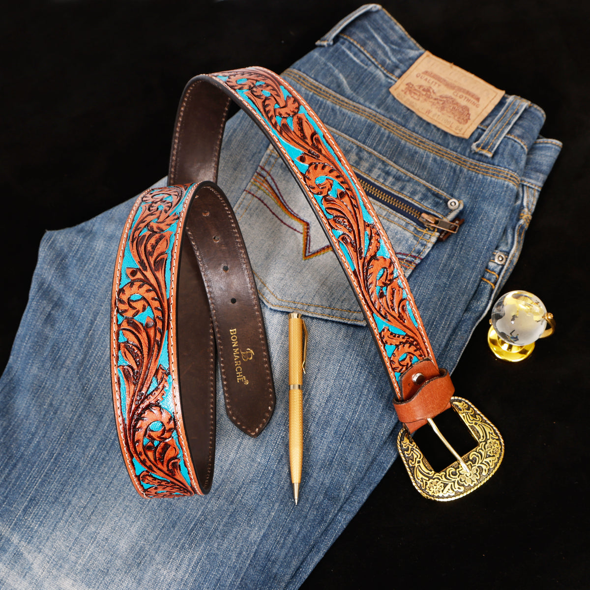 Bon Marche Hand-Tooled Tan Leather Western Belt with Turquoise Accent and Antique Brass Buckle