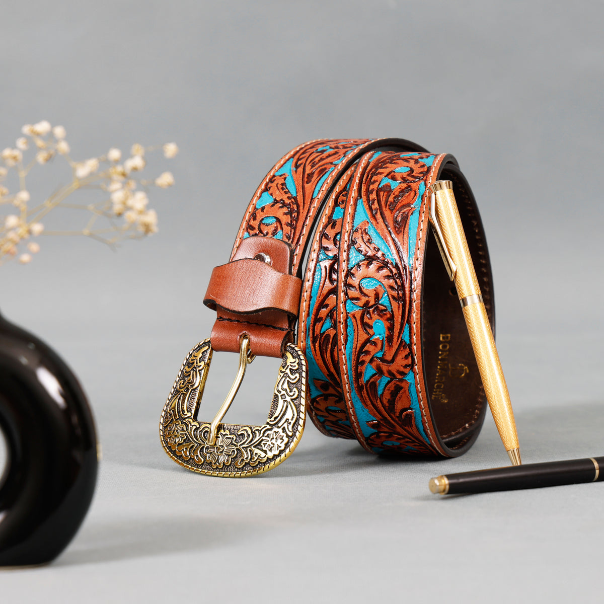 Bon Marche Hand-Tooled Tan Leather Western Belt with Turquoise Accent and Antique Brass Buckle