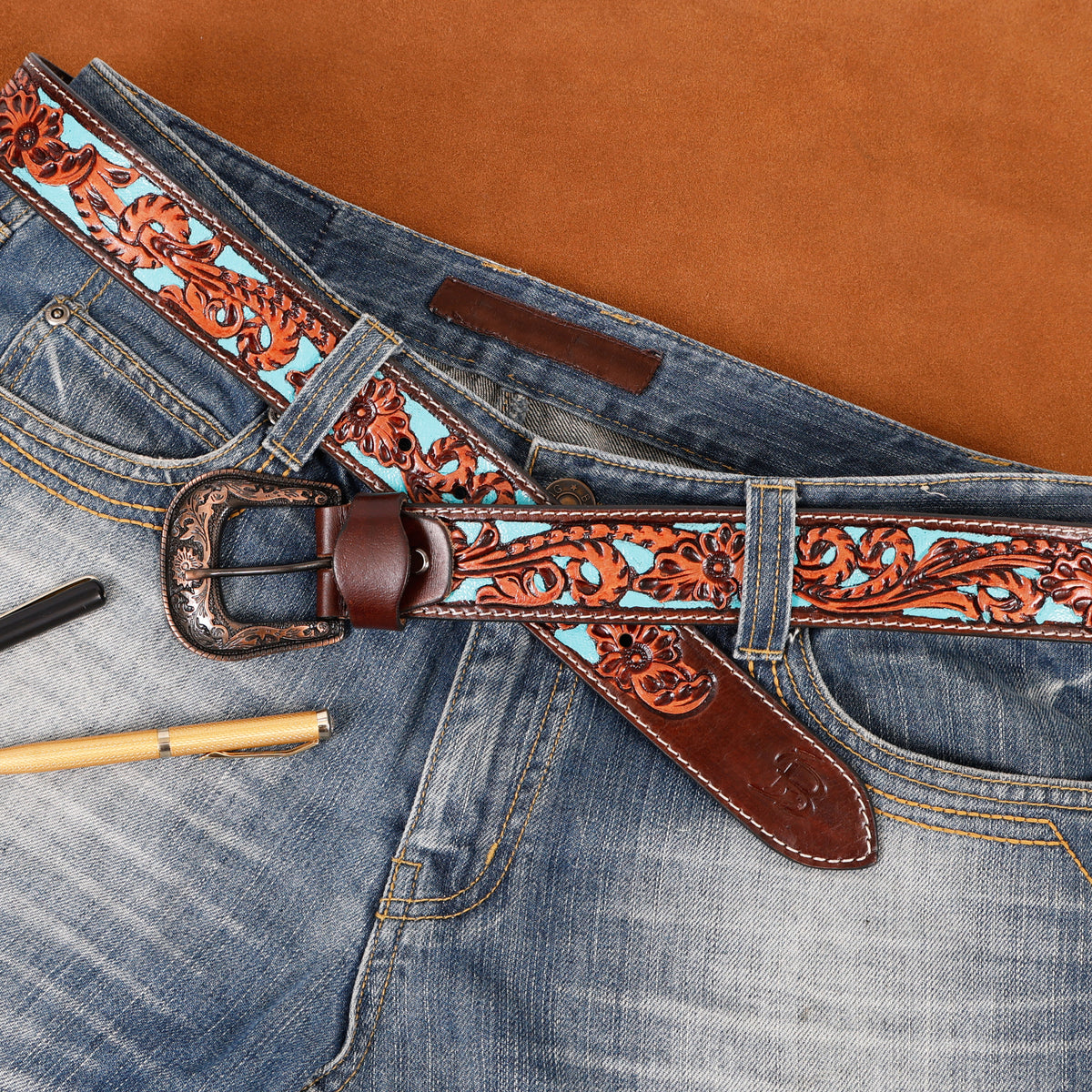 Bon Marche Hand-Tooled Brown Leather Western Belt with Turquoise Accent Inlay