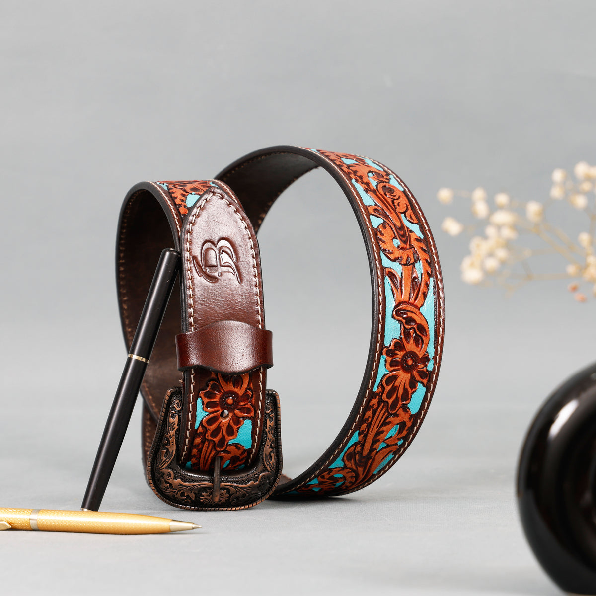 Bon Marche Hand-Tooled Brown Leather Western Belt with Turquoise Accent Inlay