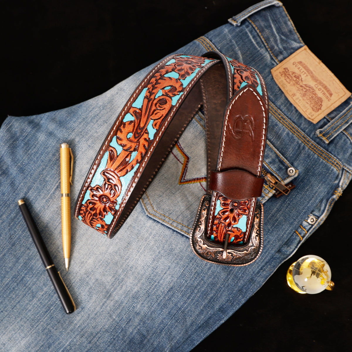 Bon Marche Hand-Tooled Brown Leather Western Belt with Turquoise Accent Inlay