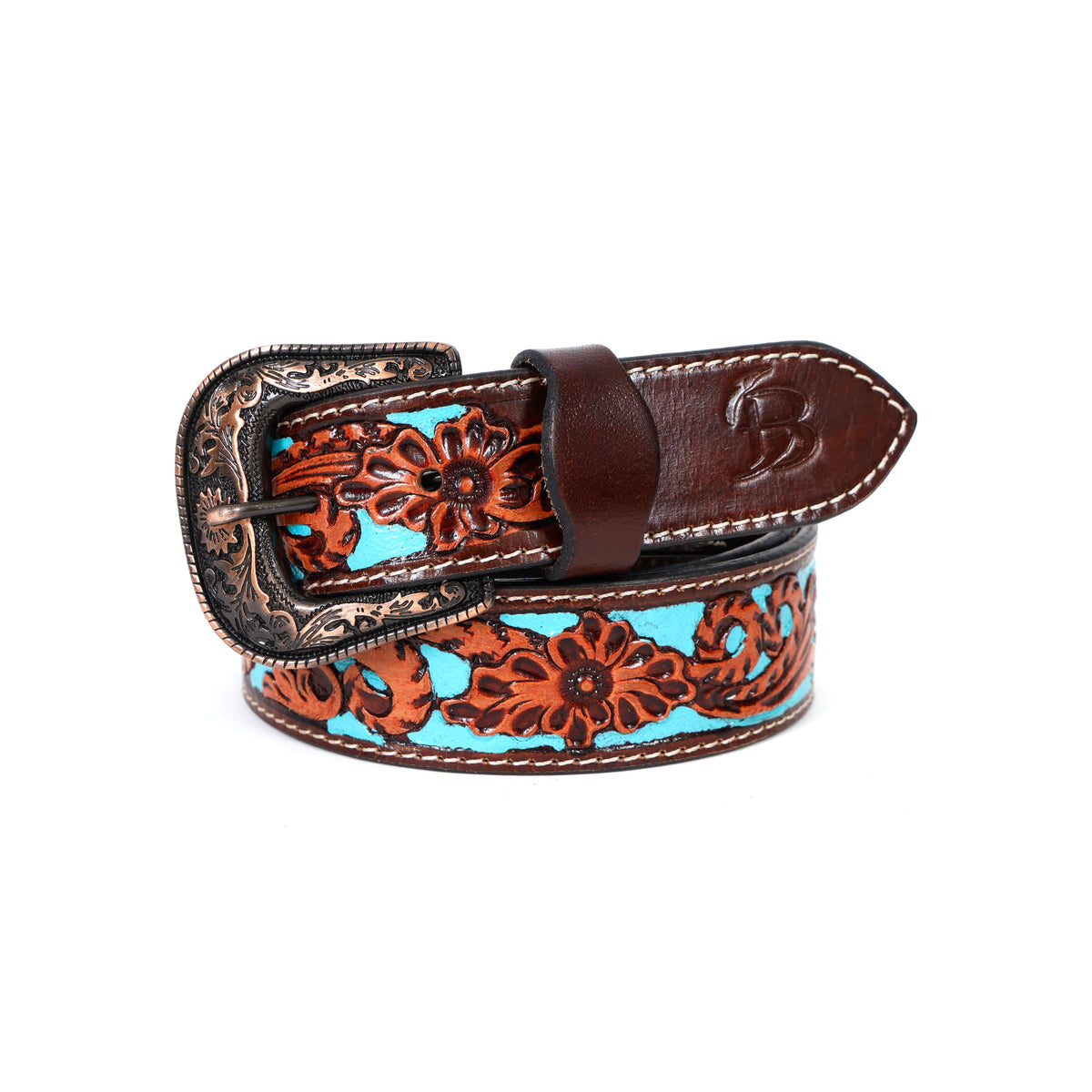 Bon Marche Hand-Tooled Brown Leather Western Belt with Turquoise Accent Inlay