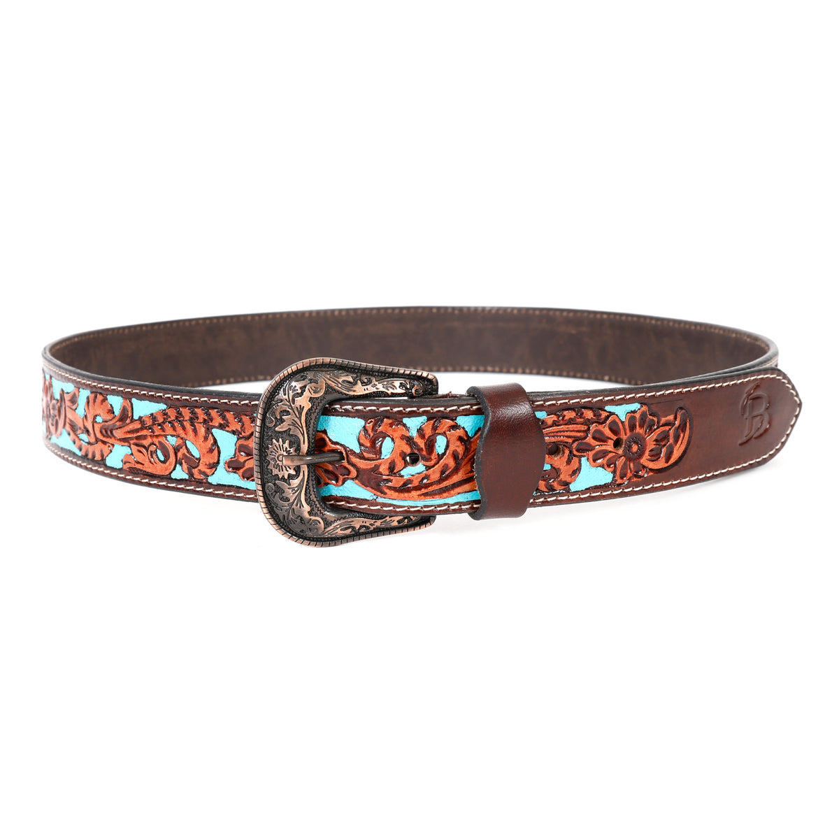 Bon Marche Hand-Tooled Brown Leather Western Belt with Turquoise Accent Inlay