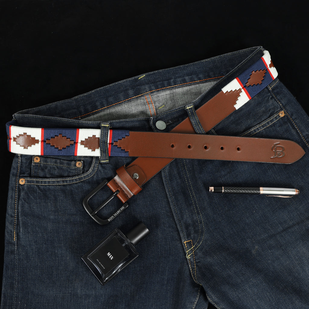 Men's brown leather belt with patterned fabric strap and black buckle by Bon Marche
