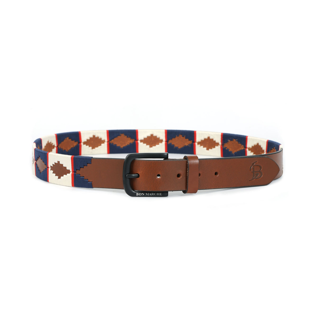 Men's brown leather belt with patterned fabric strap and black buckle by Bon Marche