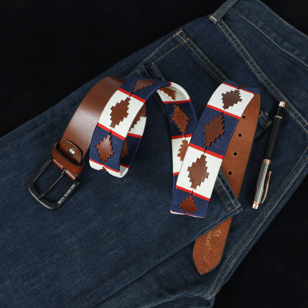 Men's brown leather belt with patterned fabric strap and black buckle by Bon Marche