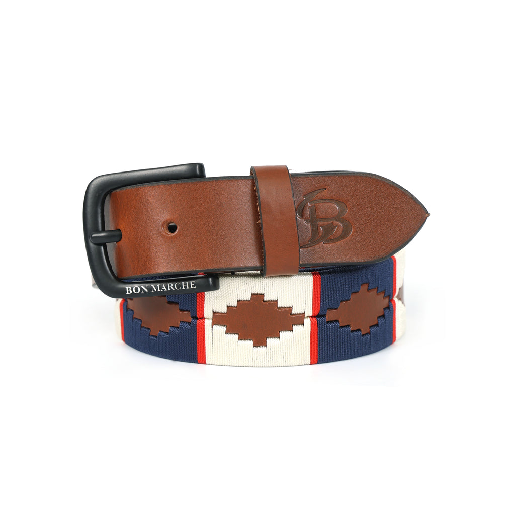 Men's brown leather belt with patterned fabric strap and black buckle by Bon Marche