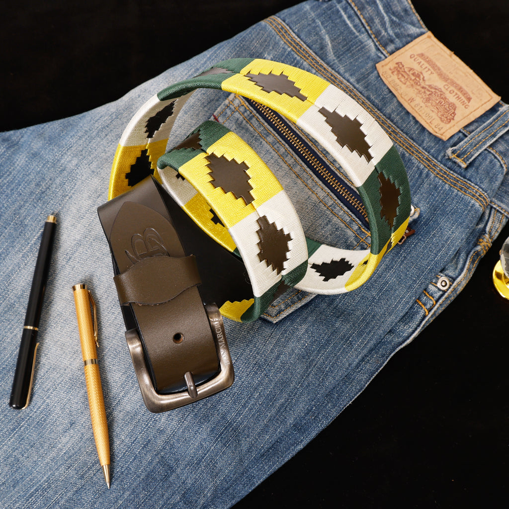 Bon Marche brown leather belt with metal buckle and multicolor woven belt design