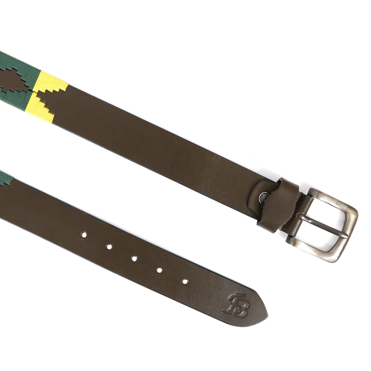Bon Marche brown leather belt with metal buckle and multicolor woven belt design