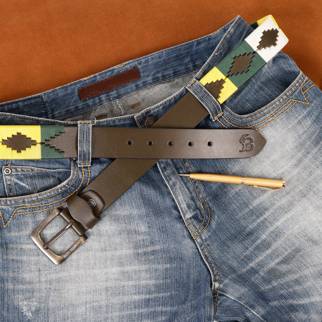 Bon Marche brown leather belt with metal buckle and multicolor woven belt design