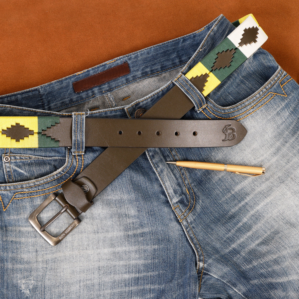 Bon Marche brown leather belt with metal buckle and multicolor woven belt design