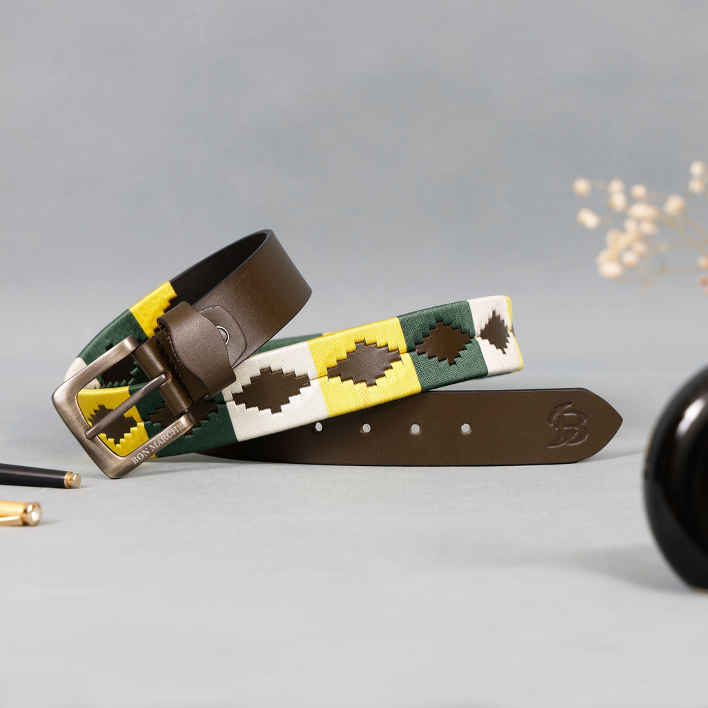 Bon Marche brown leather belt with metal buckle and multicolor woven belt design