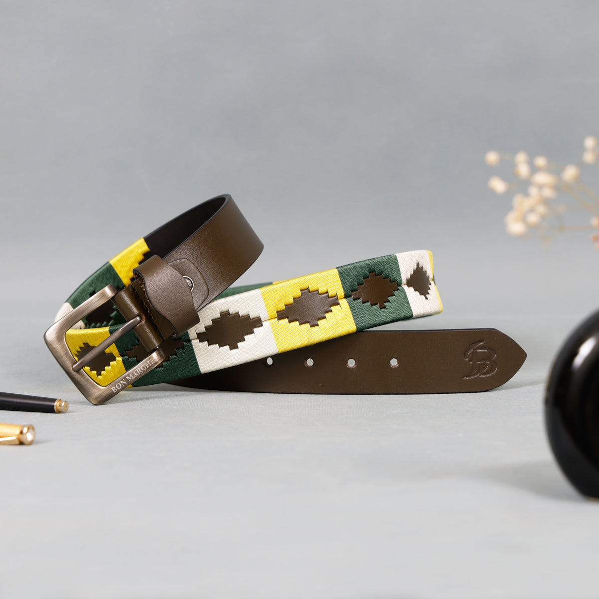 Bon Marche brown leather belt with metal buckle and multicolor woven belt design