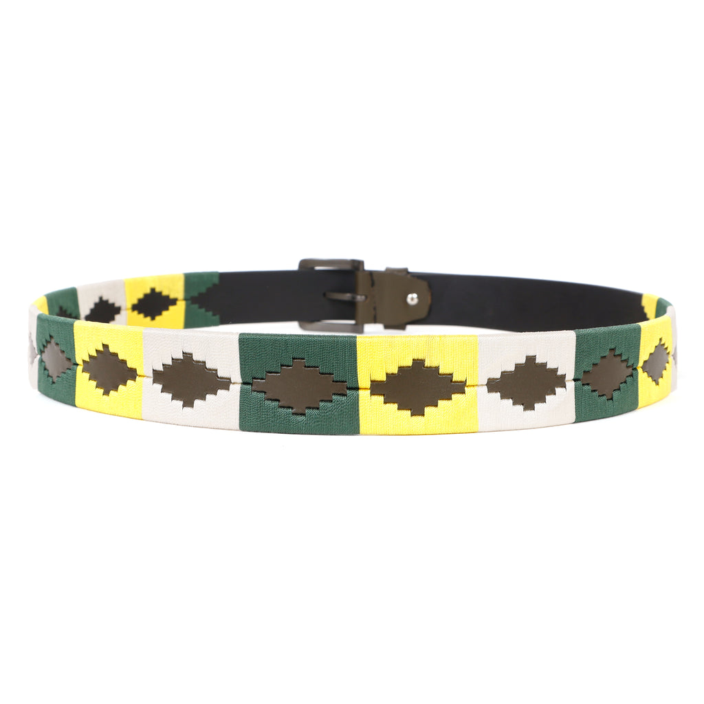 Bon Marche brown leather belt with metal buckle and multicolor woven belt design