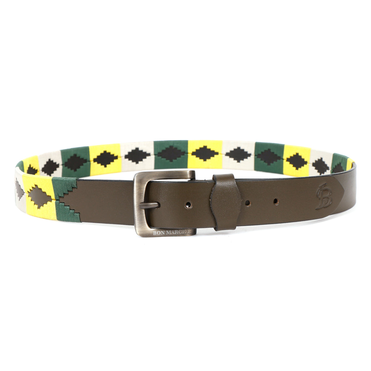 Bon Marche brown leather belt with metal buckle and multicolor woven belt design