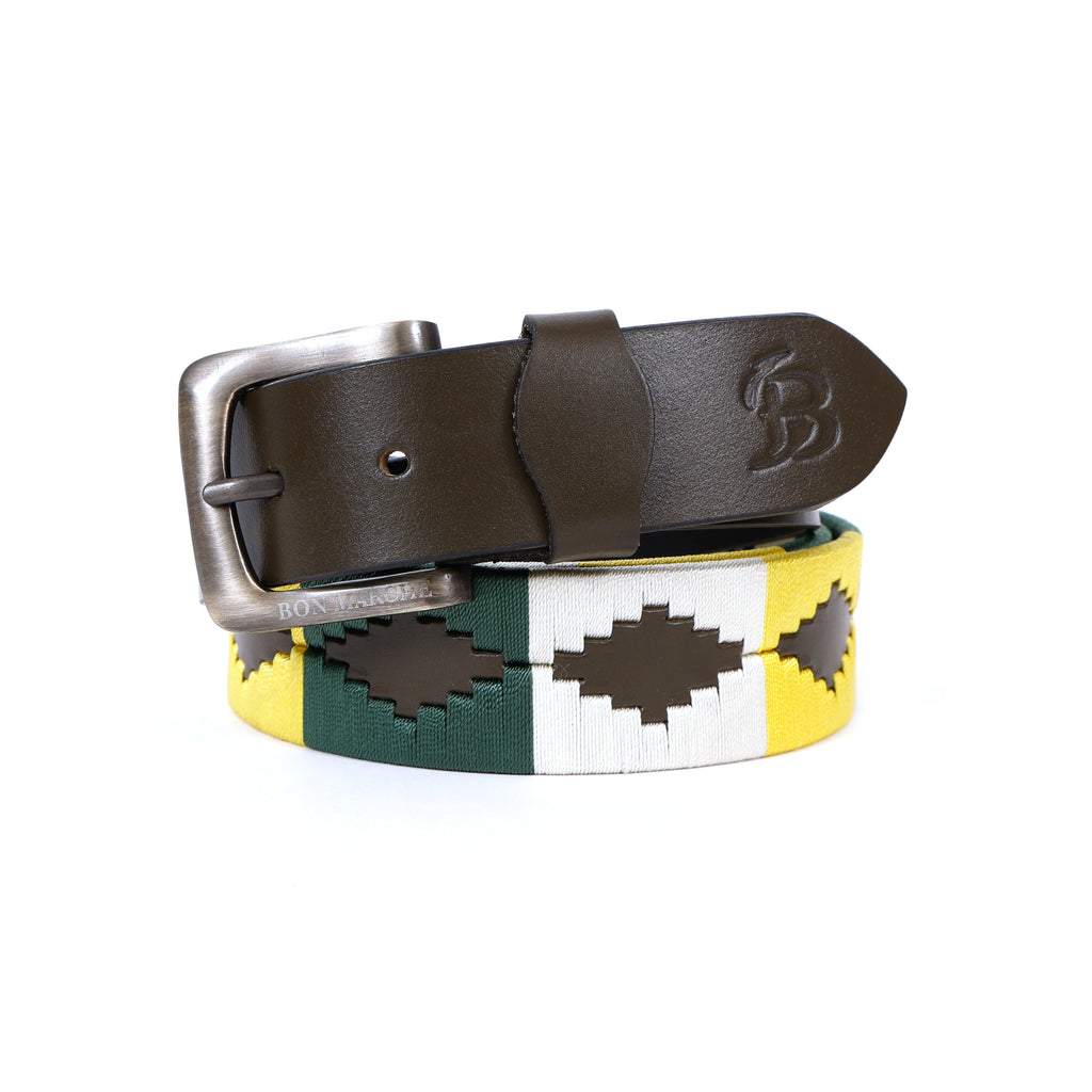Bon Marche brown leather belt with metal buckle and multicolor woven belt design